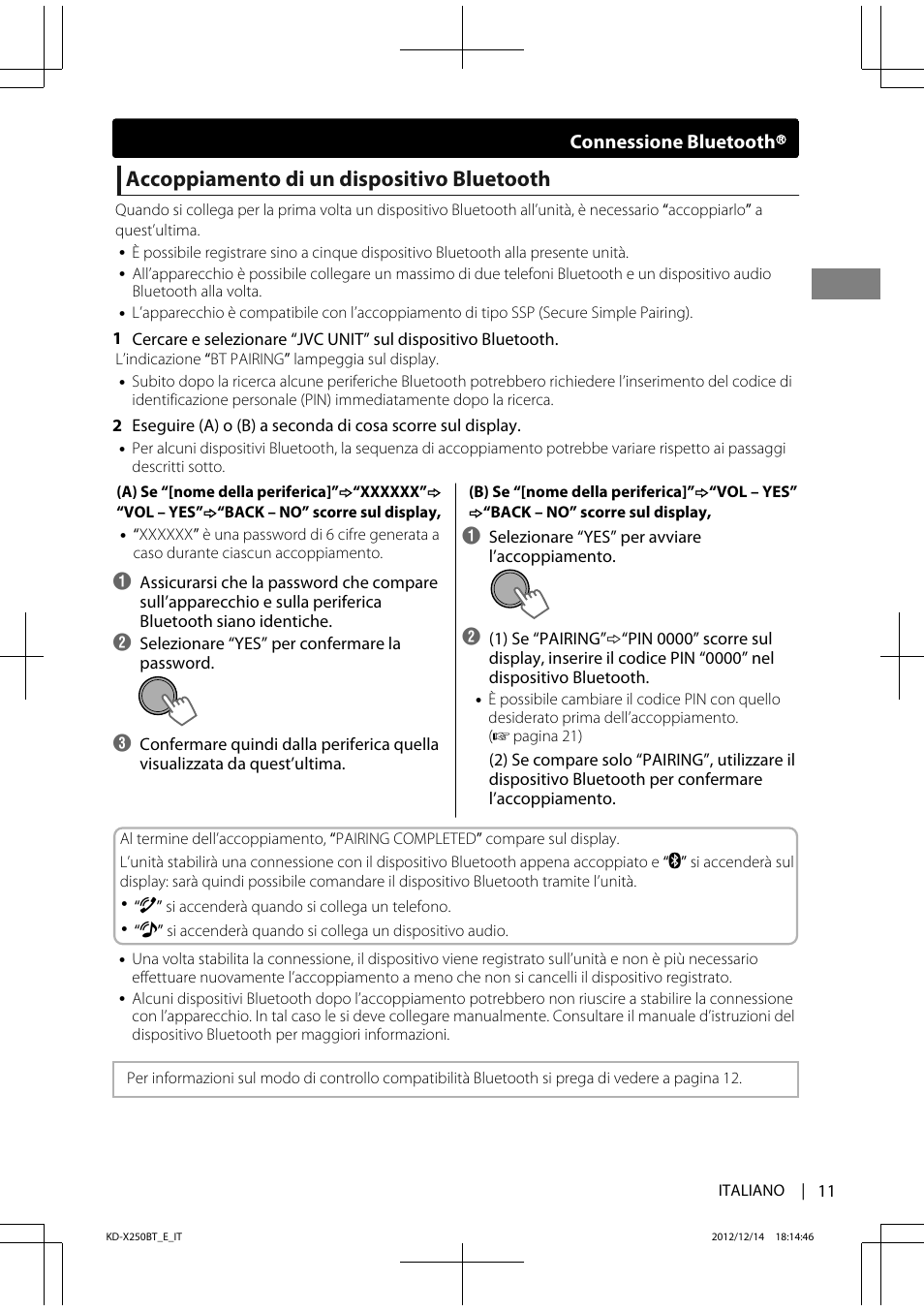 Accoppiamento di un dispositivo bluetooth, Connessione bluetooth | JVC KD-X250BT User Manual | Page 67 / 115