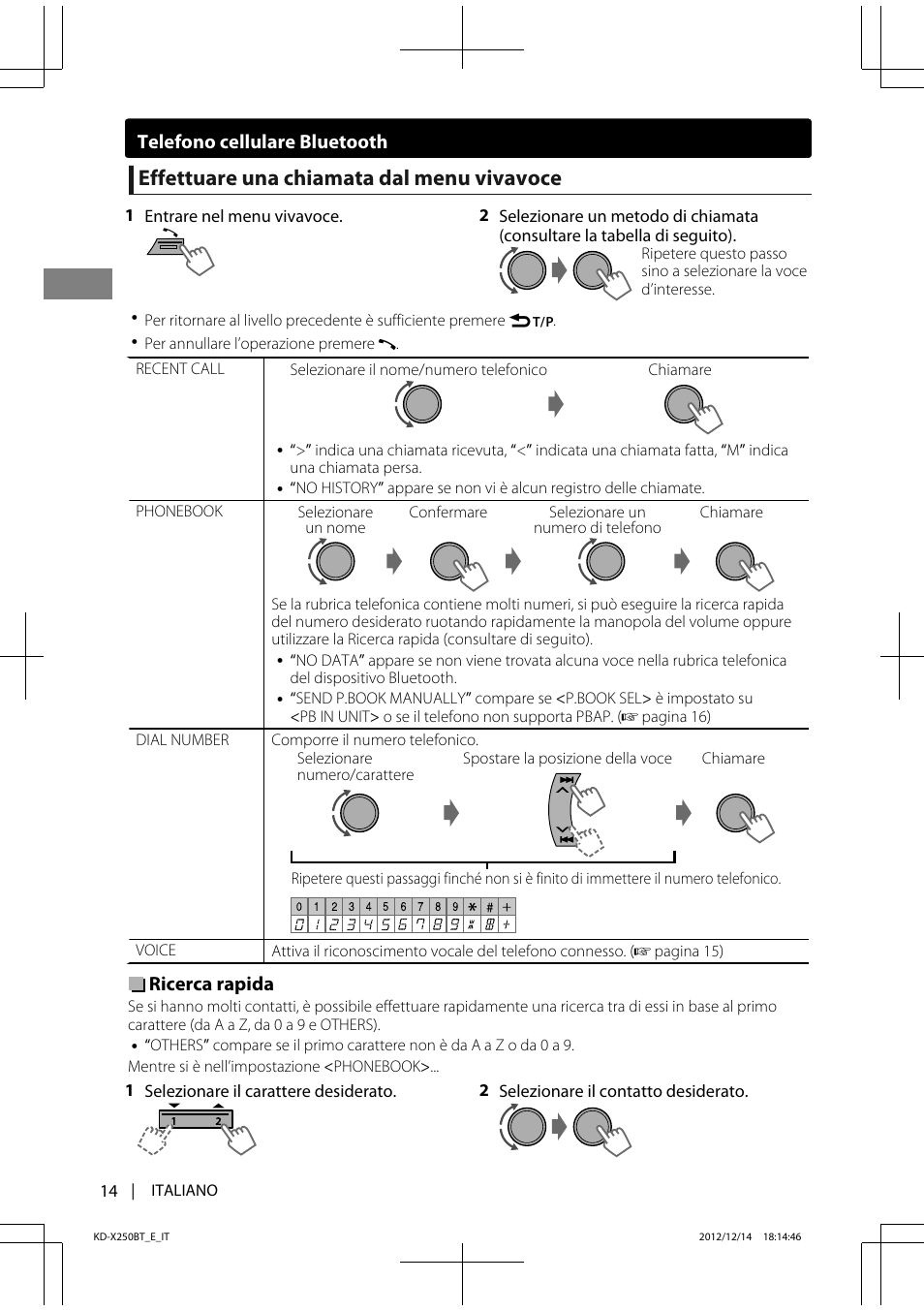 Effettuare una chiamata dal menu vivavoce, Ricerca rapida, Telefono cellulare bluetooth | JVC KD-X250BT User Manual | Page 70 / 115