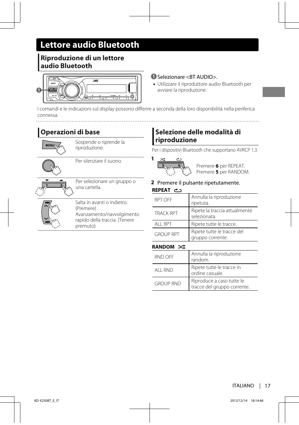 Lettore audio bluetooth, Riproduzione di un lettore audio bluetooth, Operazioni di base | Selezione delle modalità di riproduzione | JVC KD-X250BT User Manual | Page 73 / 115