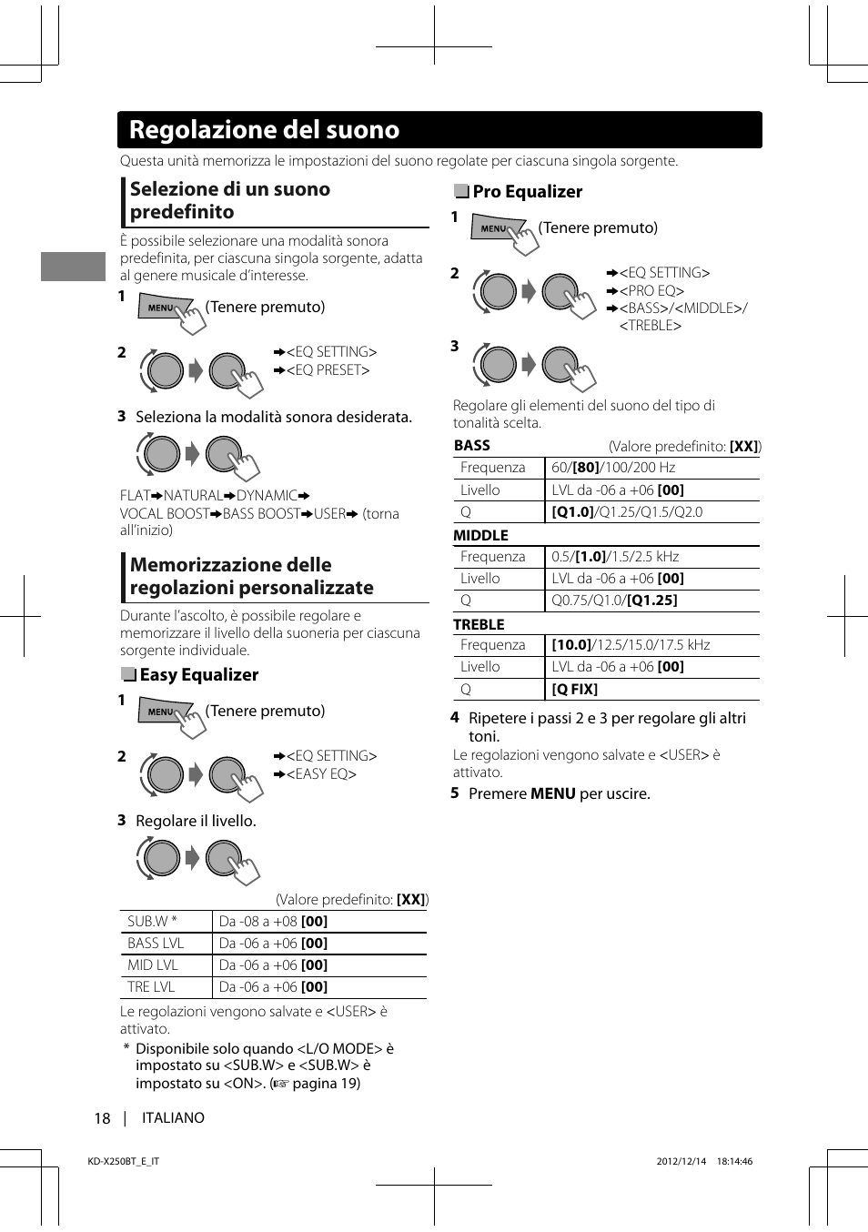 Regolazione del suono, Selezione di un suono predefinito | JVC KD-X250BT User Manual | Page 74 / 115