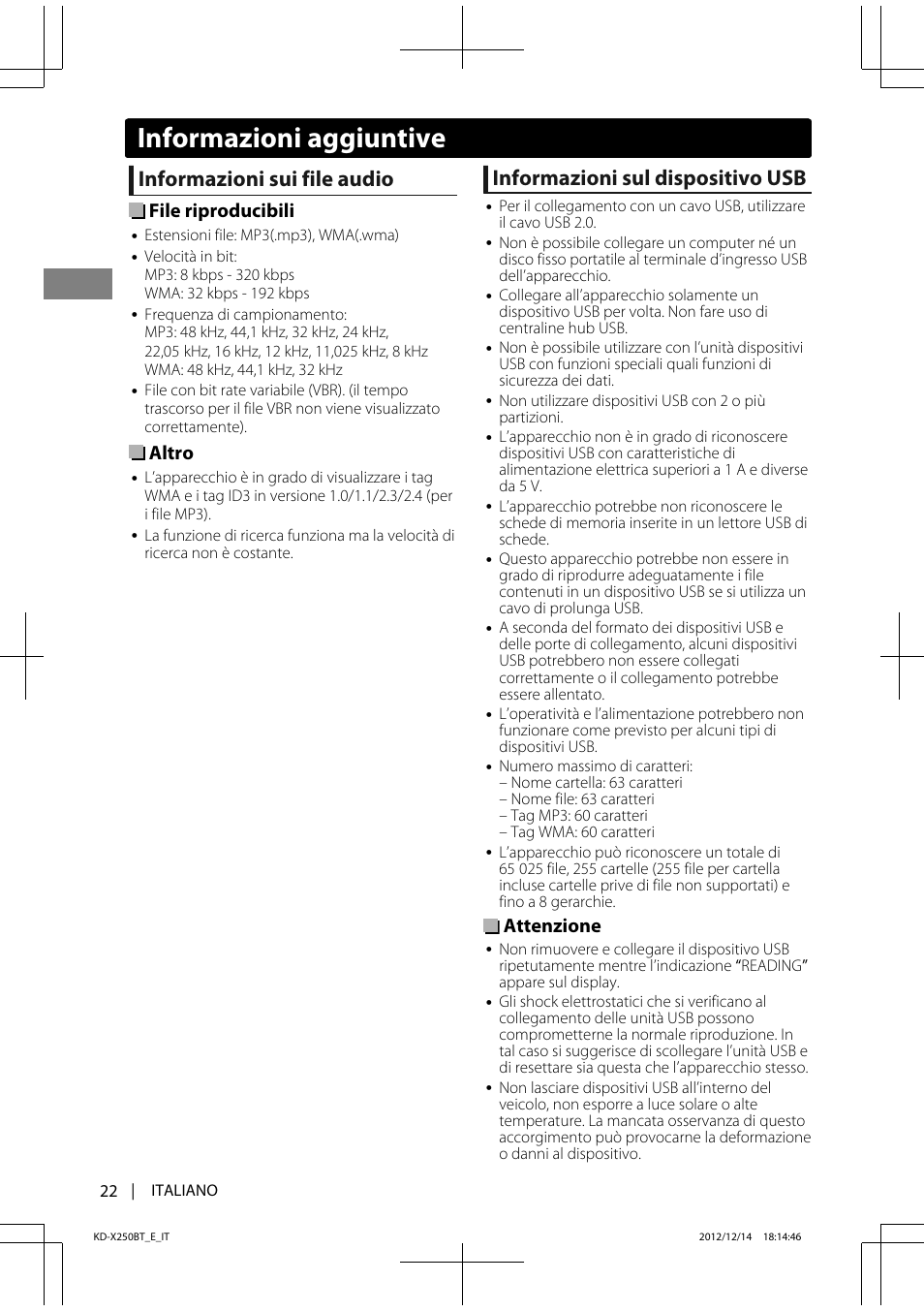 Informazioni sui file audio, Informazioni sul dispositivo usb, File riproducibili | Altro, Attenzione, Informazioni aggiuntive | JVC KD-X250BT User Manual | Page 78 / 115