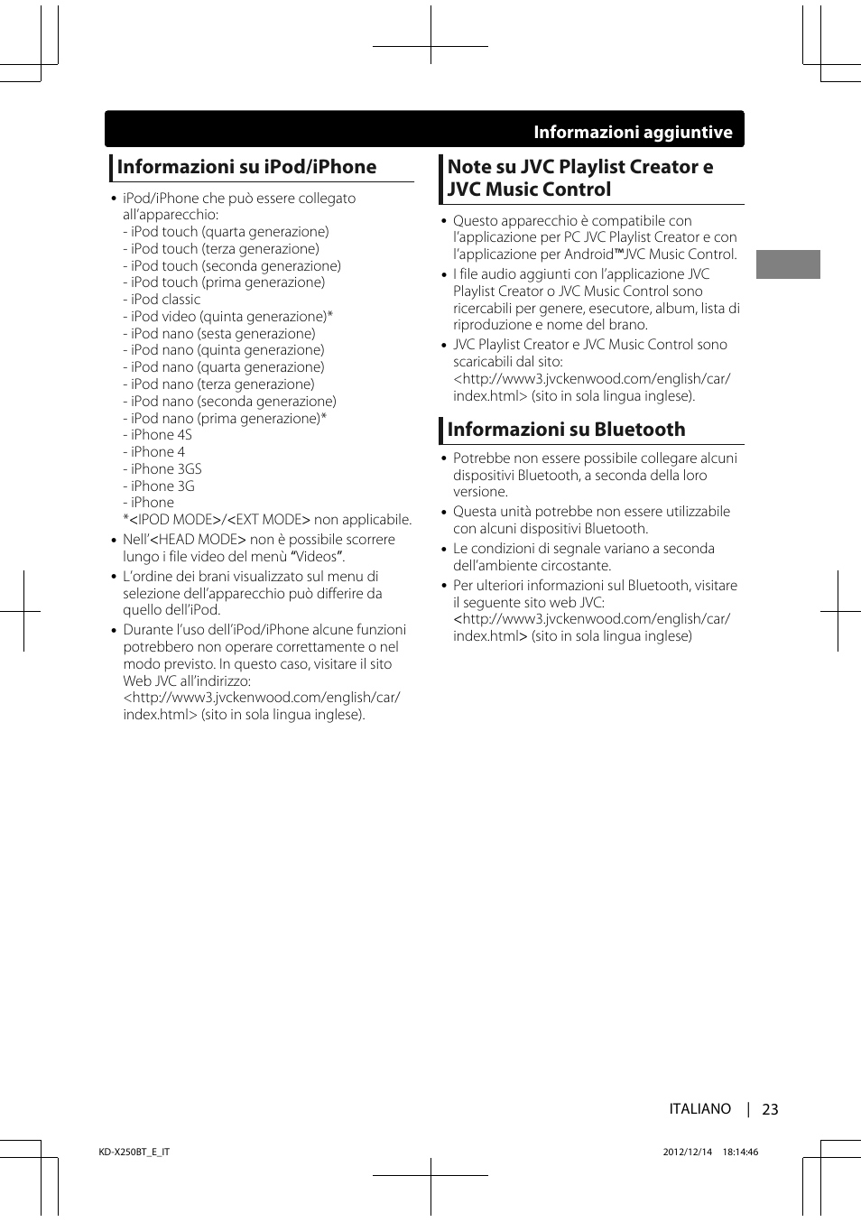 Informazioni su ipod/iphone, Informazioni su bluetooth, Informazioni aggiuntive | JVC KD-X250BT User Manual | Page 79 / 115