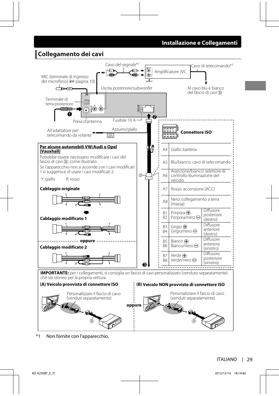 Collegamento dei cavi, Installazione e collegamenti | JVC KD-X250BT User Manual | Page 85 / 115