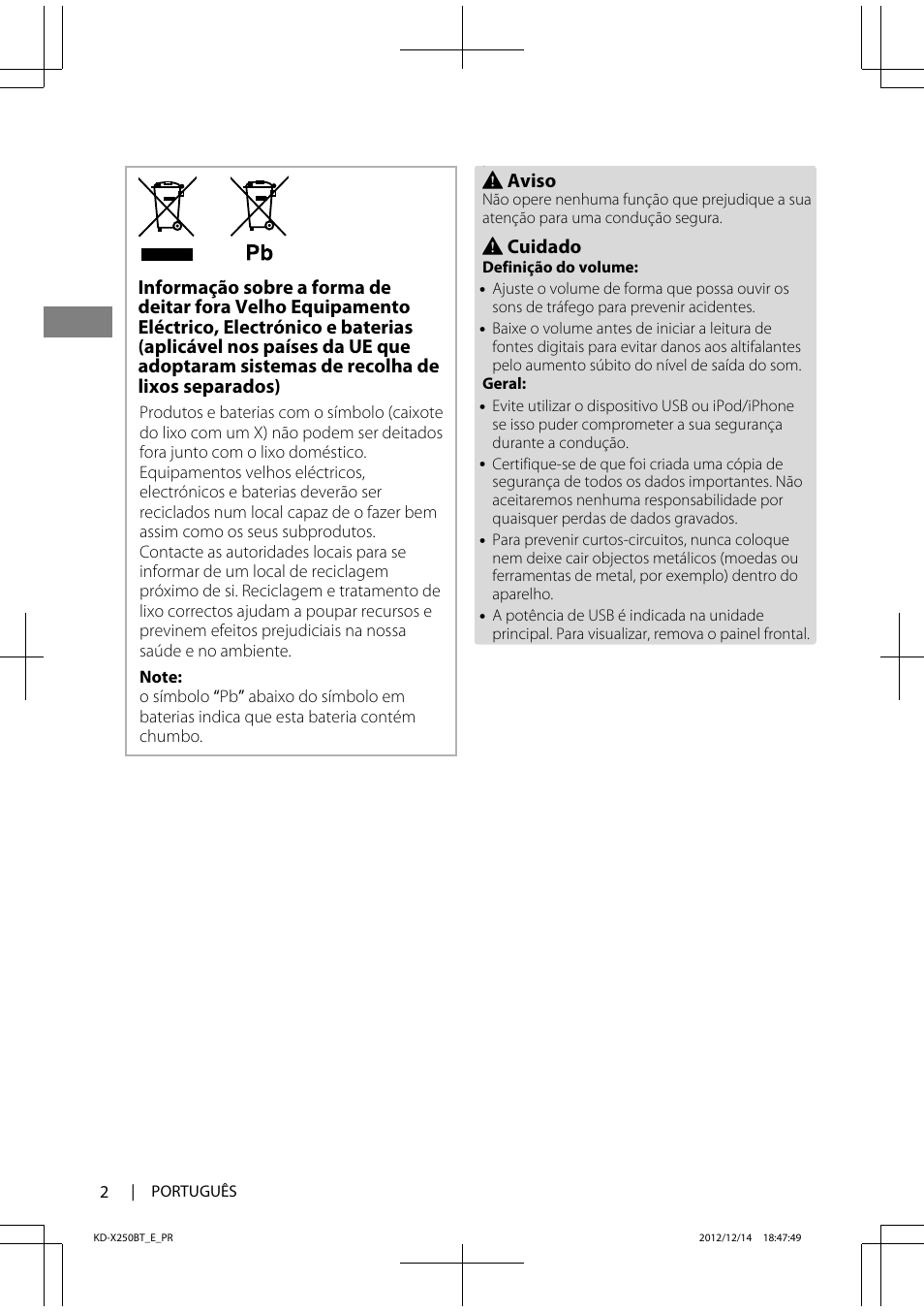 Aviso, Cuidado | JVC KD-X250BT User Manual | Page 86 / 115