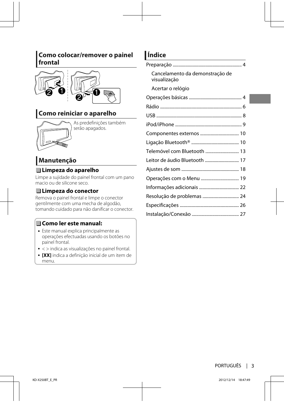 Manutenção, Índice | JVC KD-X250BT User Manual | Page 87 / 115