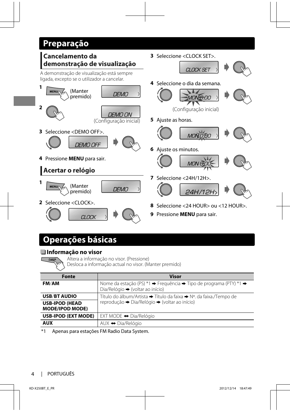 Operações básicas, Preparação, Cancelamento da demonstração de visualização | Acertar o relógio | JVC KD-X250BT User Manual | Page 88 / 115