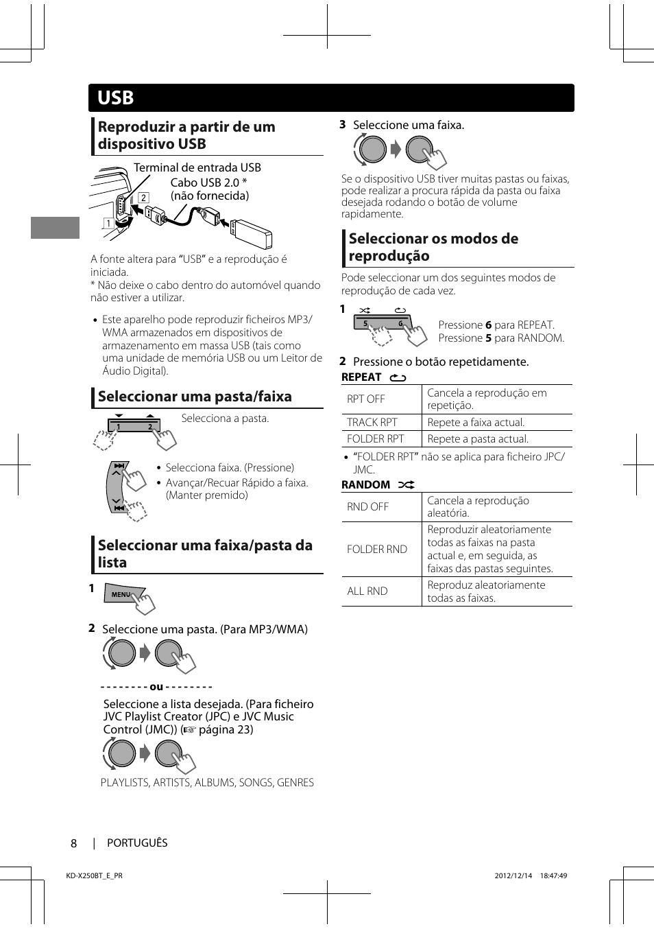 Reproduzir a partir de um dispositivo usb, Seleccionar uma pasta/faixa, Seleccionar uma faixa/pasta da lista | Seleccionar os modos de reprodução | JVC KD-X250BT User Manual | Page 92 / 115