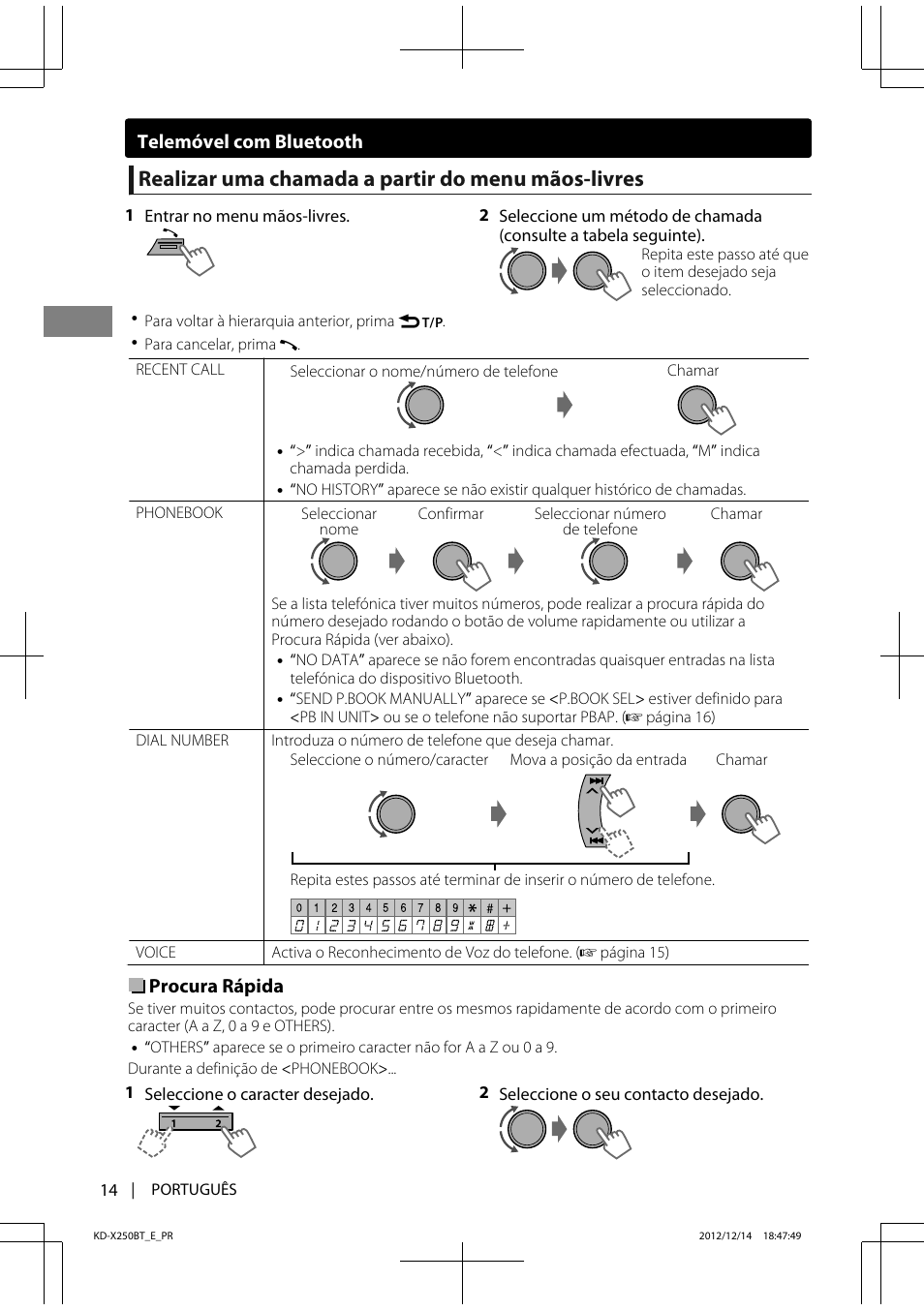 Realizar uma chamada a partir do menu mãos-livres, Procura rápida, Telemóvel com bluetooth | JVC KD-X250BT User Manual | Page 98 / 115