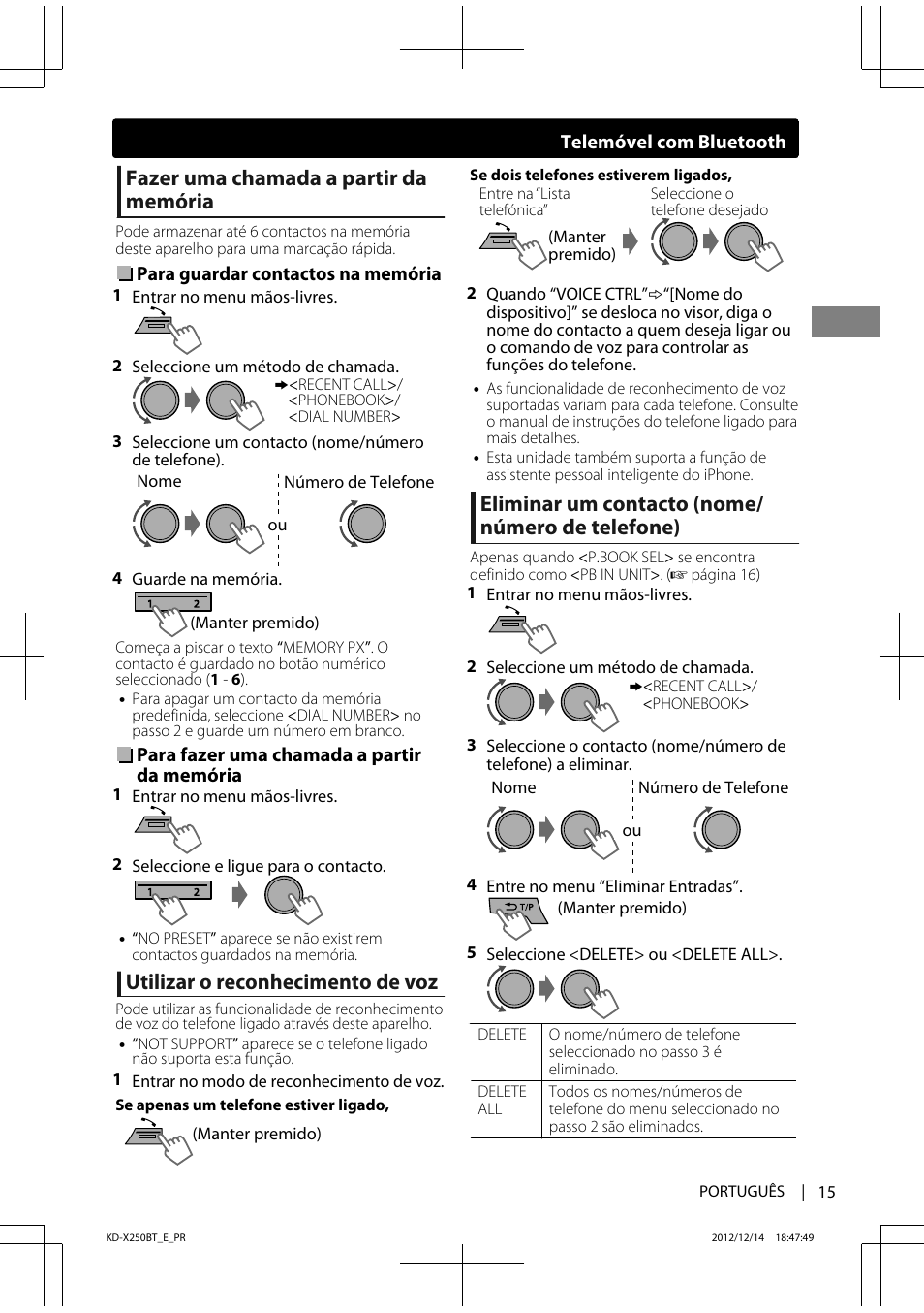 Fazer uma chamada a partir da memória, Utilizar o reconhecimento de voz, Eliminar um contacto (nome/ número de telefone) | JVC KD-X250BT User Manual | Page 99 / 115