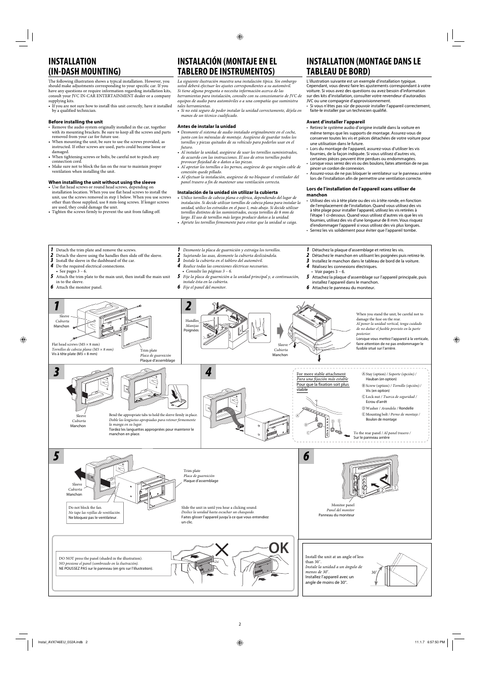 Installation (in-dash mounting), Installation (montage dans le tableau de bord) | JVC KW-AVX746 User Manual | Page 2 / 6