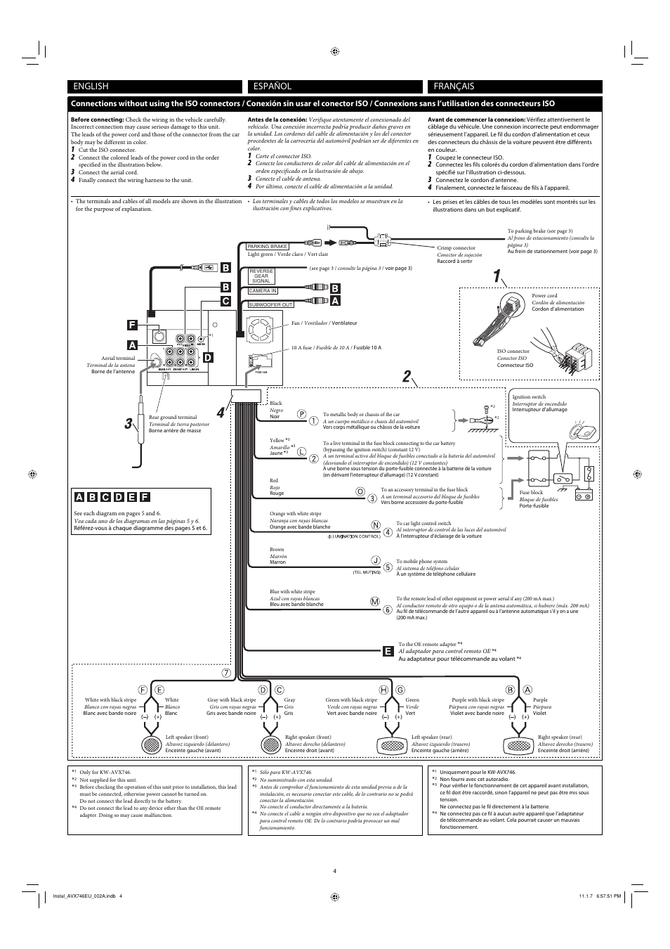 Connections without using the iso connectors, English, Français español | JVC KW-AVX746 User Manual | Page 4 / 6