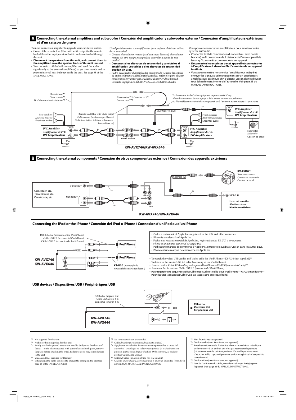 Connecting the external amplifiers and subwoofer, Connecting the external components, Connecting the ipod or the iphone | Usb devices, Usb devices / dispositivos usb / périphériques usb | JVC KW-AVX746 User Manual | Page 5 / 6