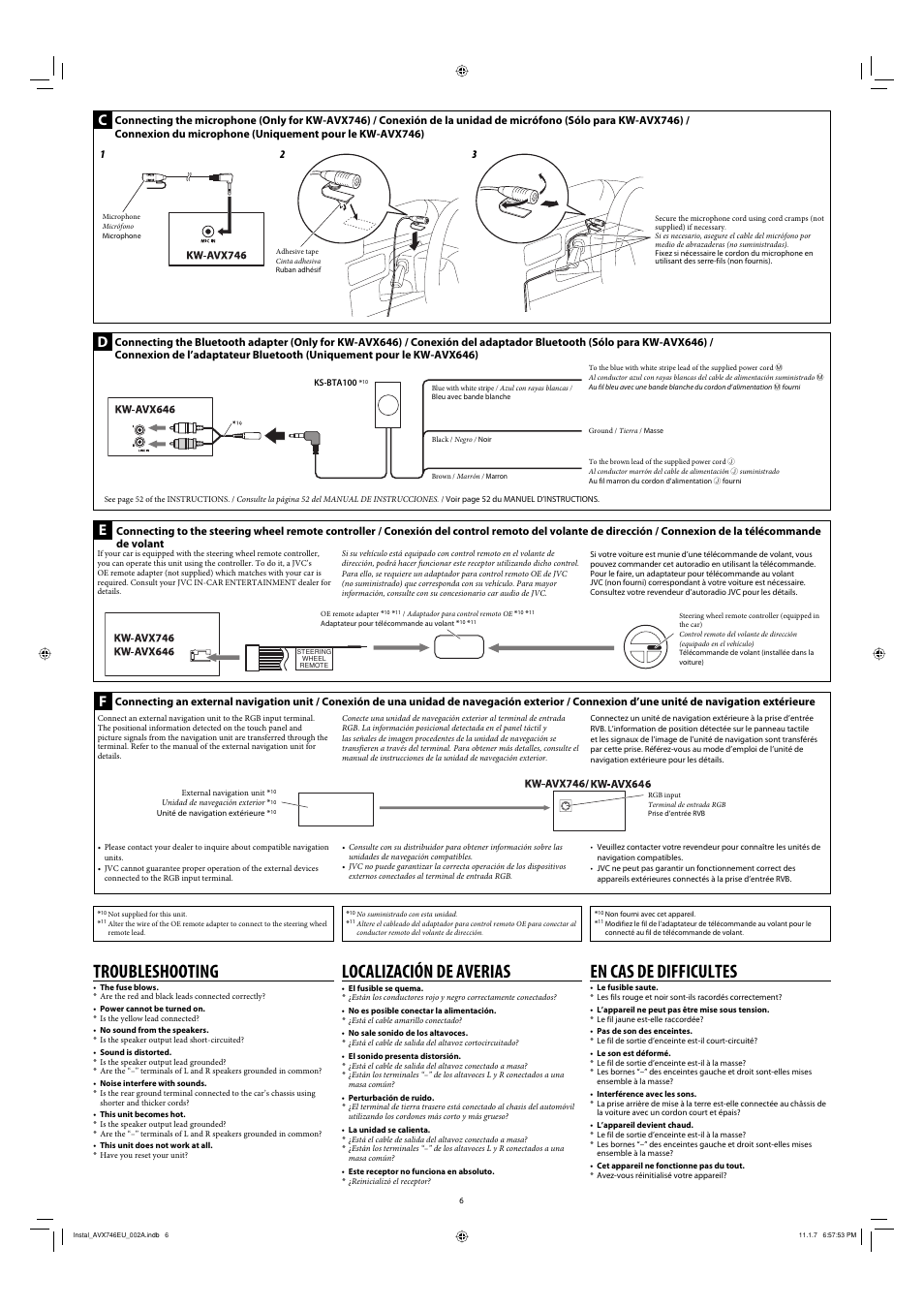 Connecting the microphone (only for kw-avx746), Connecting to the steering wheel remote controller, Connecting an external navigation unit | Troubleshooting, En cas de difficultes, Localización de averias | JVC KW-AVX746 User Manual | Page 6 / 6