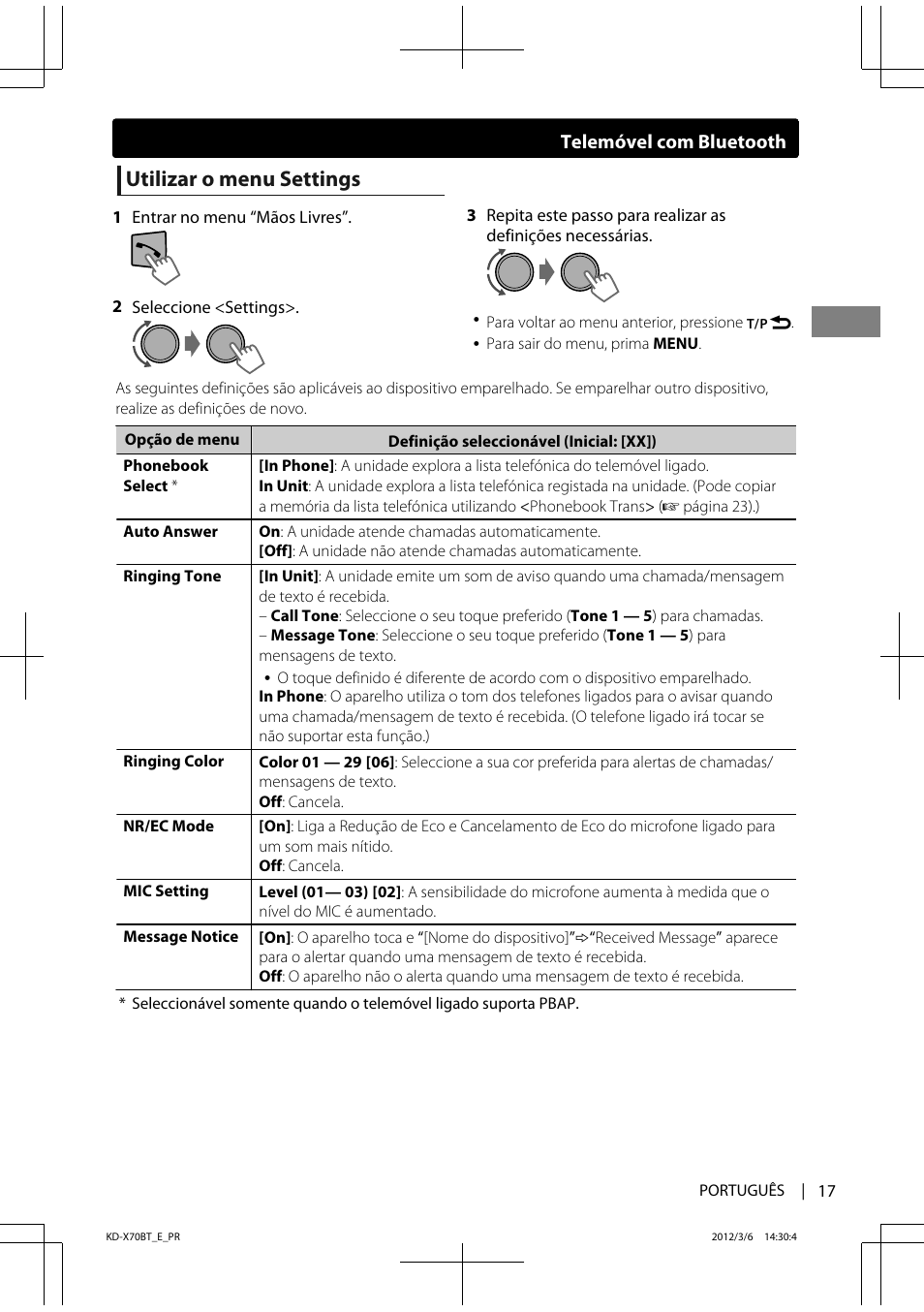 Utilizar o menu settings | JVC KD-X70 User Manual | Page 101 / 113