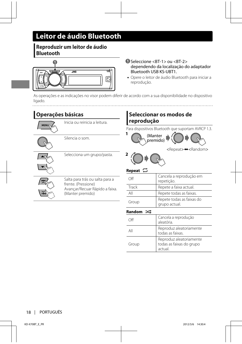 Leitor de áudio bluetooth, Reproduzir um leitor de áudio bluetooth, Operações básicas | Seleccionar os modos de reprodução | JVC KD-X70 User Manual | Page 102 / 113