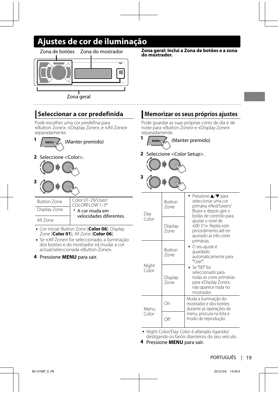 Ajustes de cor de iluminação, Seleccionar a cor predefinida | JVC KD-X70 User Manual | Page 103 / 113