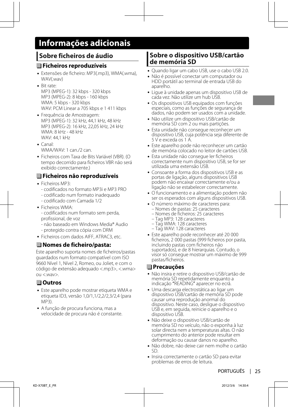 Sobre ficheiros de áudio, Sobre o dispositivo usb/cartão de memória sd, Ficheiros reproduzíveis | Ficheiros não reproduzíveis, Nomes de ficheiro/pasta, Outros, Precauções, Informações adicionais | JVC KD-X70 User Manual | Page 109 / 113