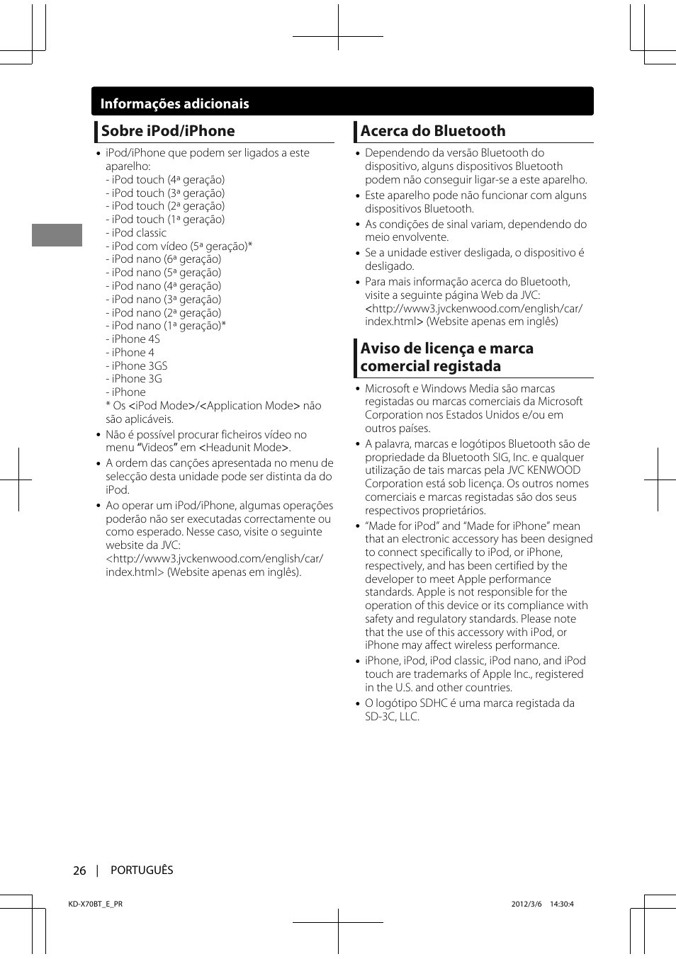 Sobre ipod/iphone, Acerca do bluetooth, Aviso de licença e marca comercial registada | Informações adicionais | JVC KD-X70 User Manual | Page 110 / 113