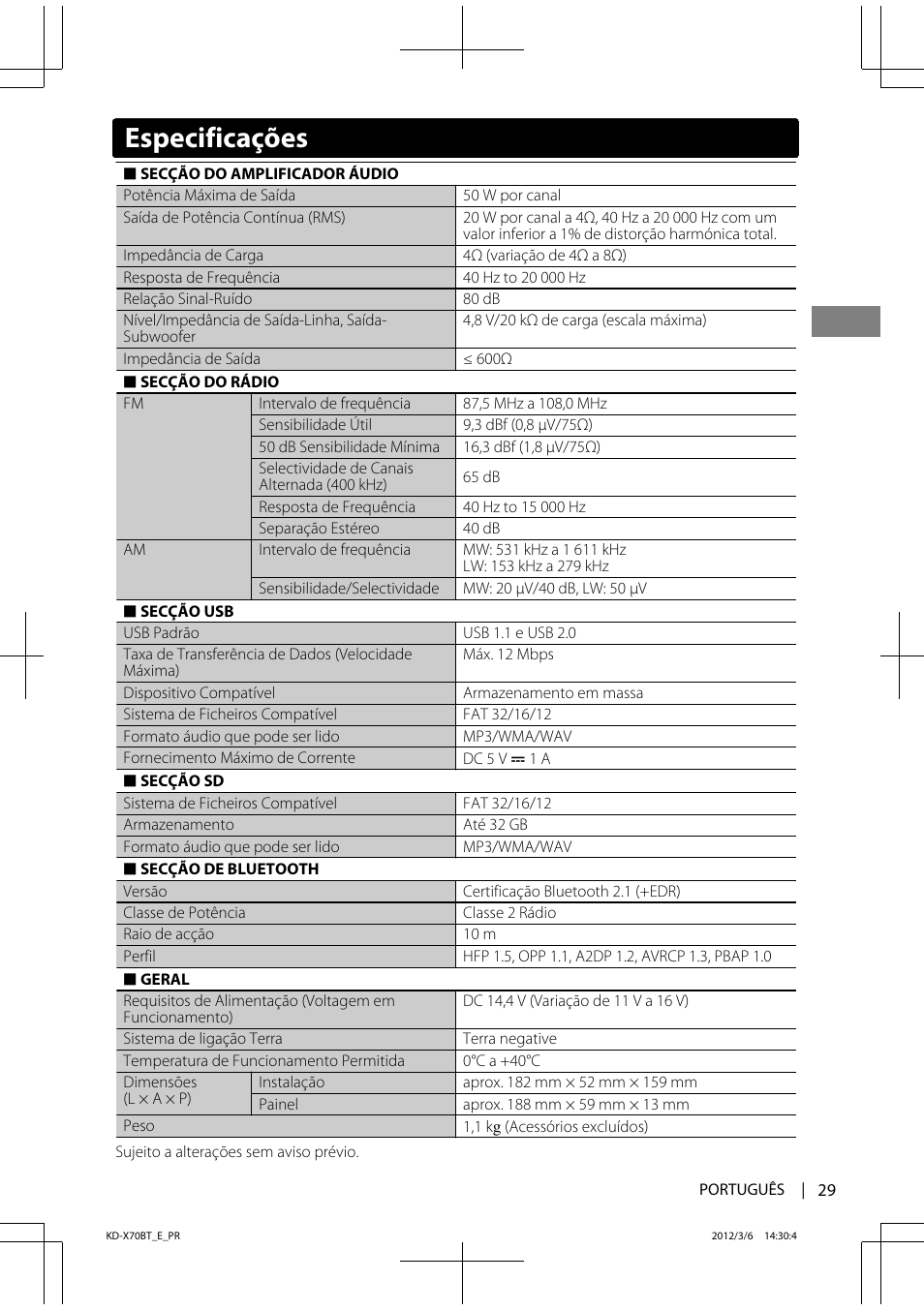 Especificações | JVC KD-X70 User Manual | Page 113 / 113
