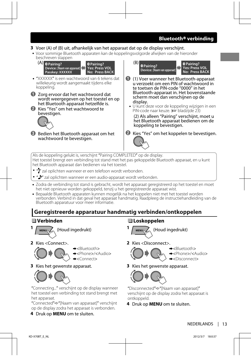 Verbinden, Loskoppelen, Bluetooth ா verbinding | JVC KD-X70 User Manual | Page 13 / 113