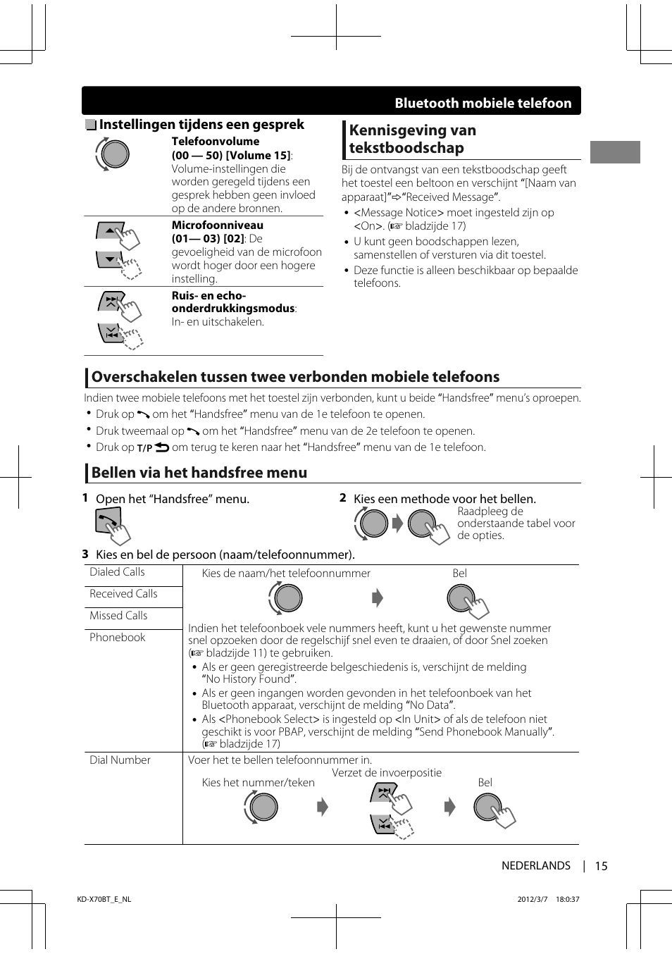 Kennisgeving van tekstboodschap, Bellen via het handsfree menu, Instellingen tijdens een gesprek | Bluetooth mobiele telefoon | JVC KD-X70 User Manual | Page 15 / 113