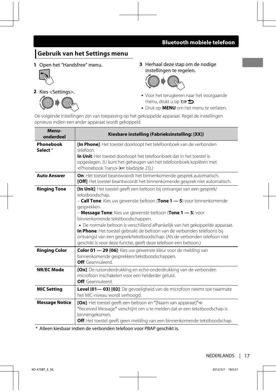 Gebruik van het settings menu | JVC KD-X70 User Manual | Page 17 / 113