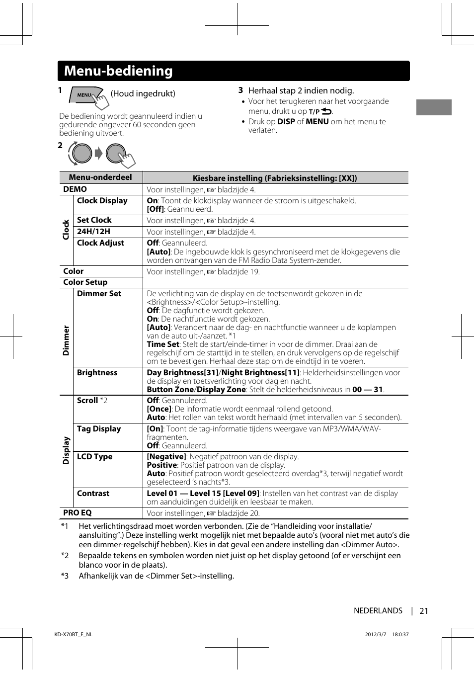 Menu-bediening | JVC KD-X70 User Manual | Page 21 / 113