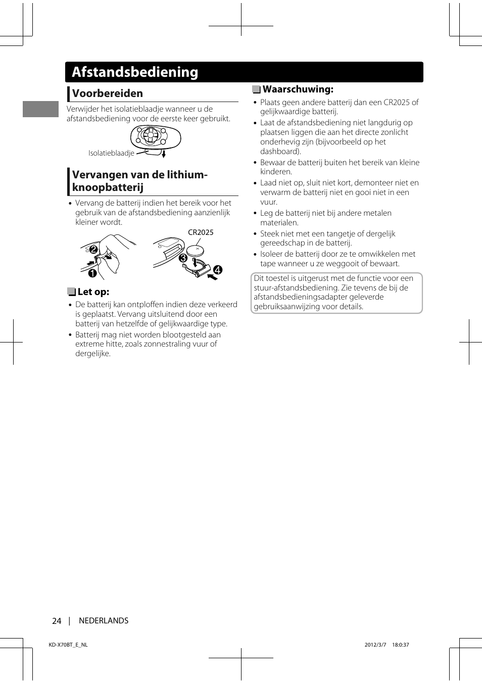 Voorbereiden, Vervangen van de lithium- knoopbatterij, Let op | Waarschuwing, Afstandsbediening | JVC KD-X70 User Manual | Page 24 / 113