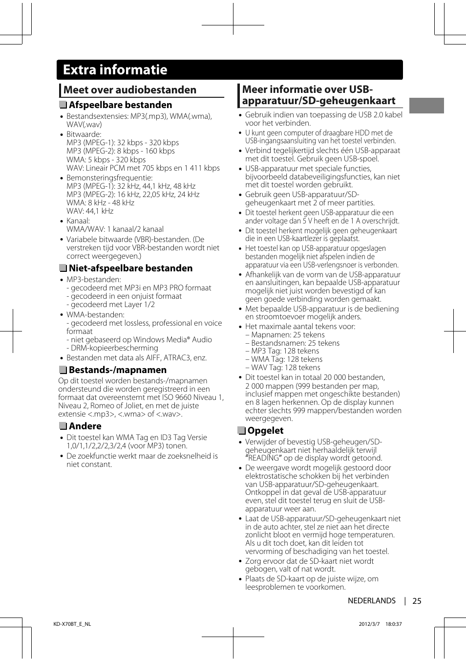 Meet over audiobestanden, Afspeelbare bestanden, Niet-afspeelbare bestanden | Bestands-/mapnamen, Andere, Opgelet, Extra informatie | JVC KD-X70 User Manual | Page 25 / 113