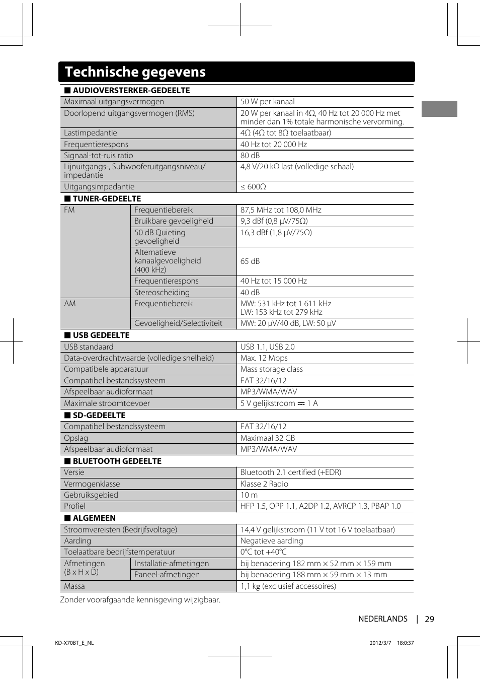 Technische gegevens | JVC KD-X70 User Manual | Page 29 / 113