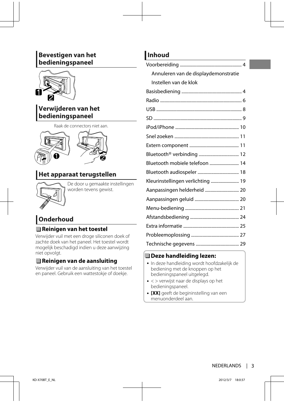 Het apparaat terugstellen, Onderhoud, Inhoud | JVC KD-X70 User Manual | Page 3 / 113