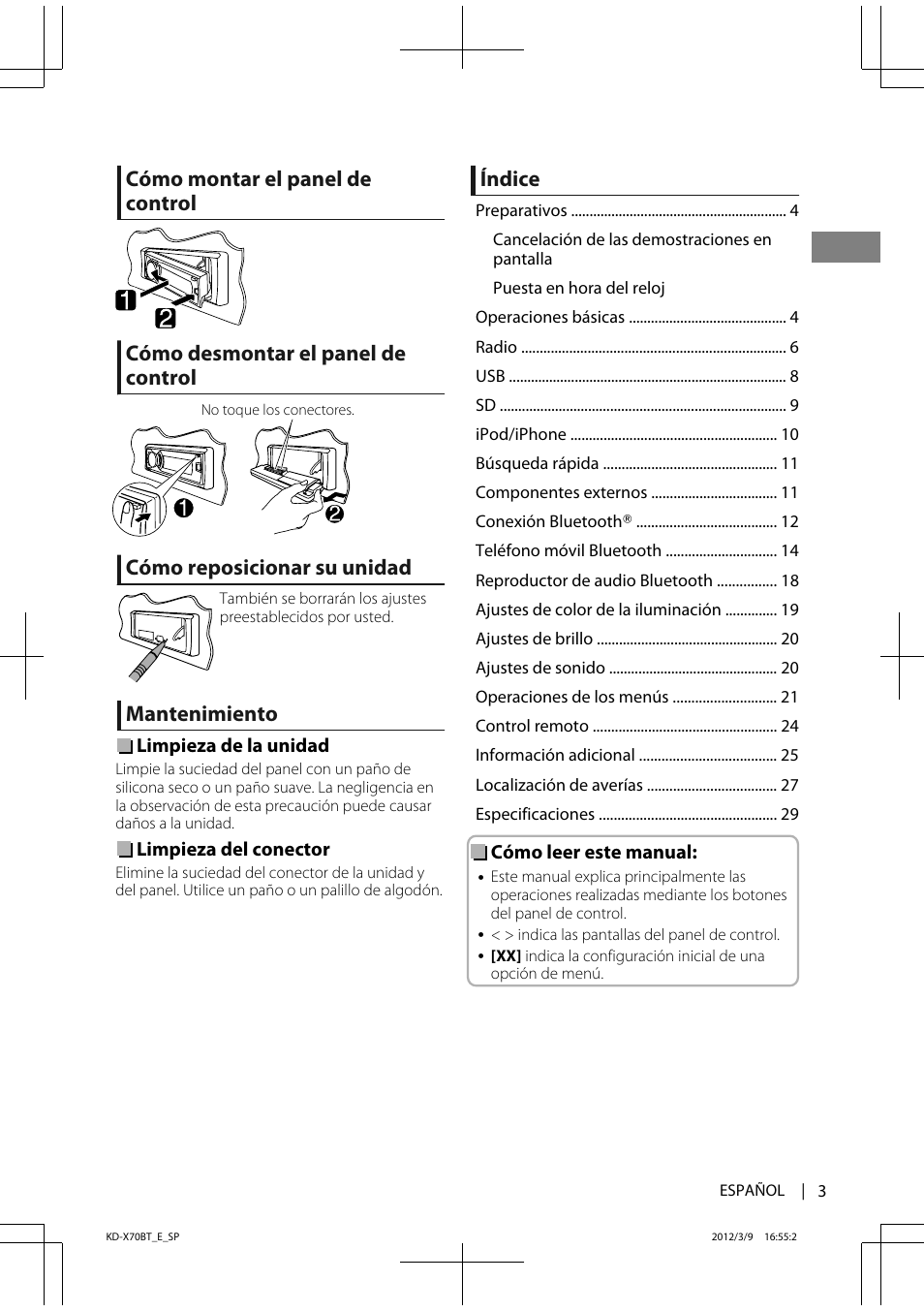 Cómo reposicionar su unidad, Mantenimiento, Índice | JVC KD-X70 User Manual | Page 31 / 113