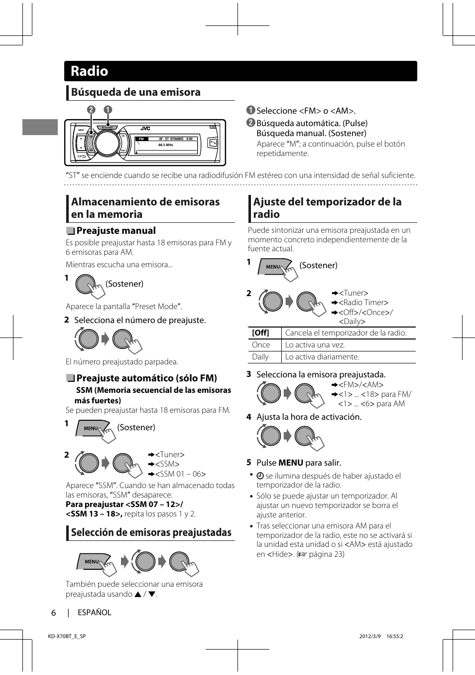 Radio, Búsqueda de una emisora, Selección de emisoras preajustadas | Ajuste del temporizador de la radio | JVC KD-X70 User Manual | Page 34 / 113