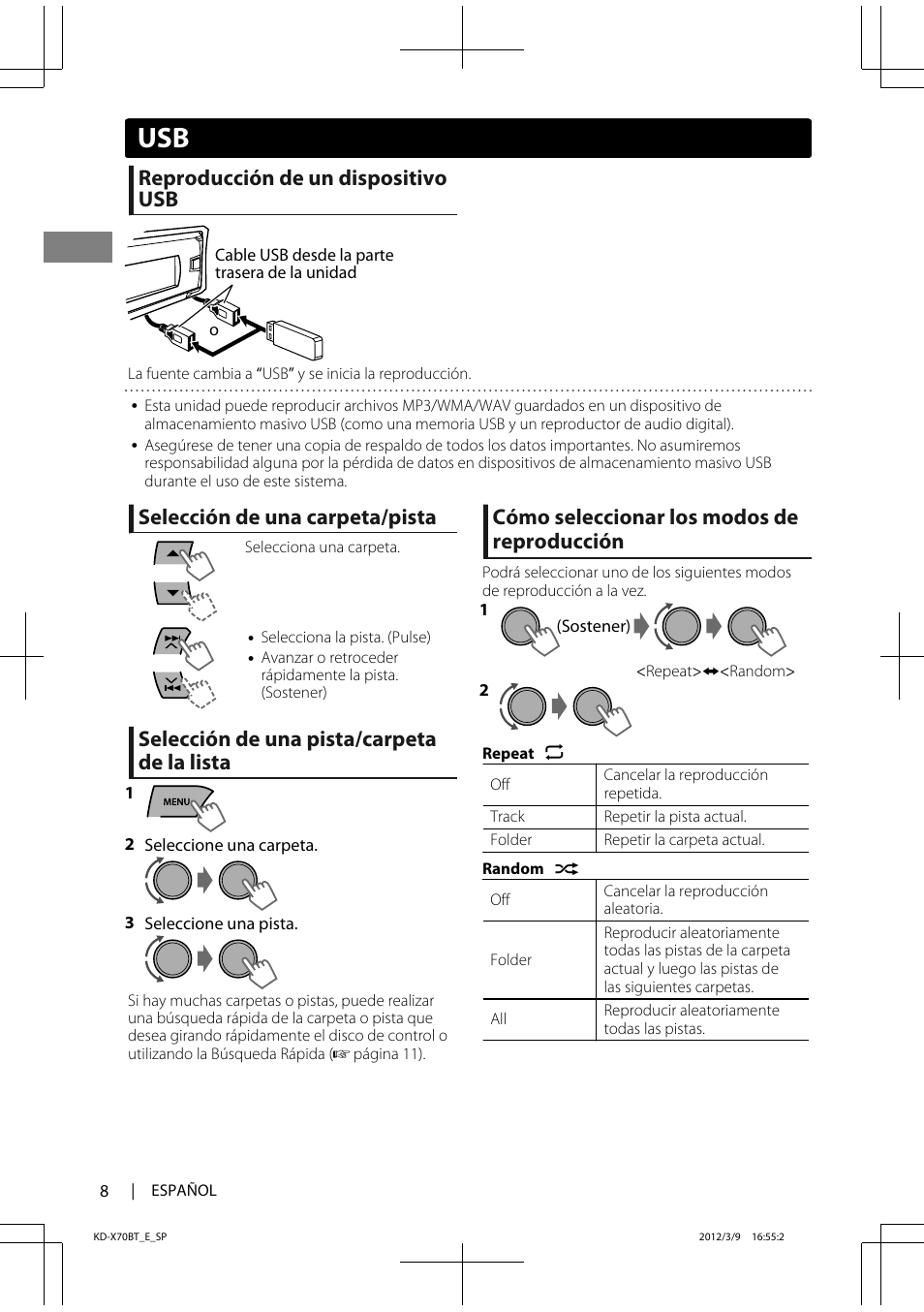 Reproducción de un dispositivo usb, Selección de una carpeta/pista, Selección de una pista/carpeta de la lista | Cómo seleccionar los modos de reproducción | JVC KD-X70 User Manual | Page 36 / 113