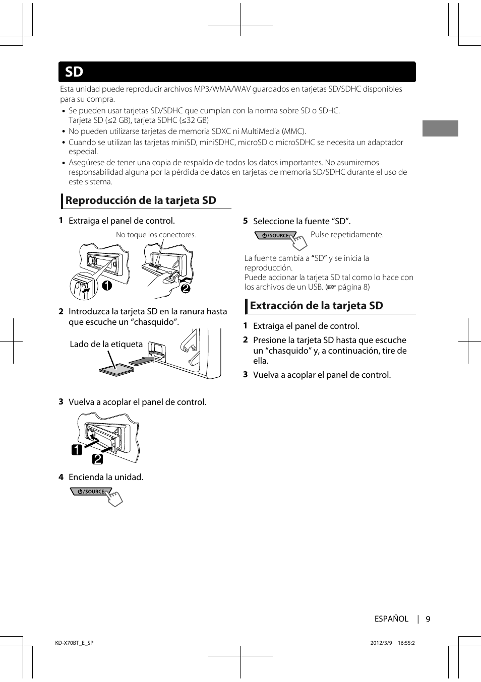 Reproducción de la tarjeta sd, Extracción de la tarjeta sd | JVC KD-X70 User Manual | Page 37 / 113