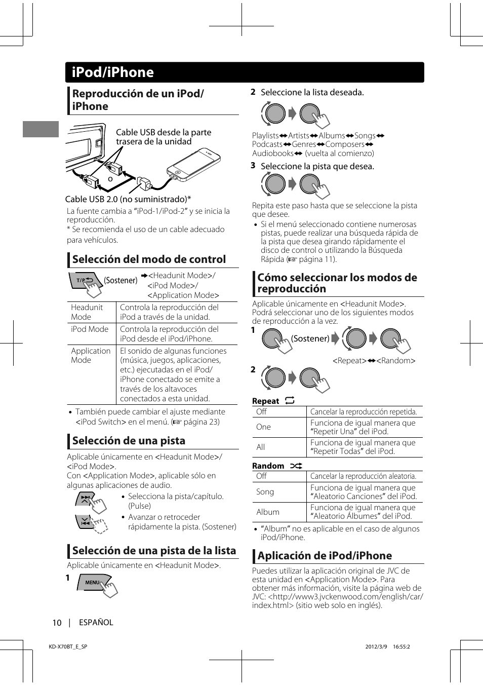 Ipod/iphone, Reproducción de un ipod/ iphone, Selección del modo de control | Selección de una pista, Selección de una pista de la lista, Cómo seleccionar los modos de reproducción, Aplicación de ipod/iphone | JVC KD-X70 User Manual | Page 38 / 113