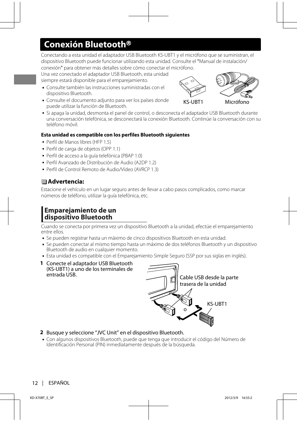 Conexión bluetooth, Emparejamiento de un dispositivo bluetooth | JVC KD-X70 User Manual | Page 40 / 113