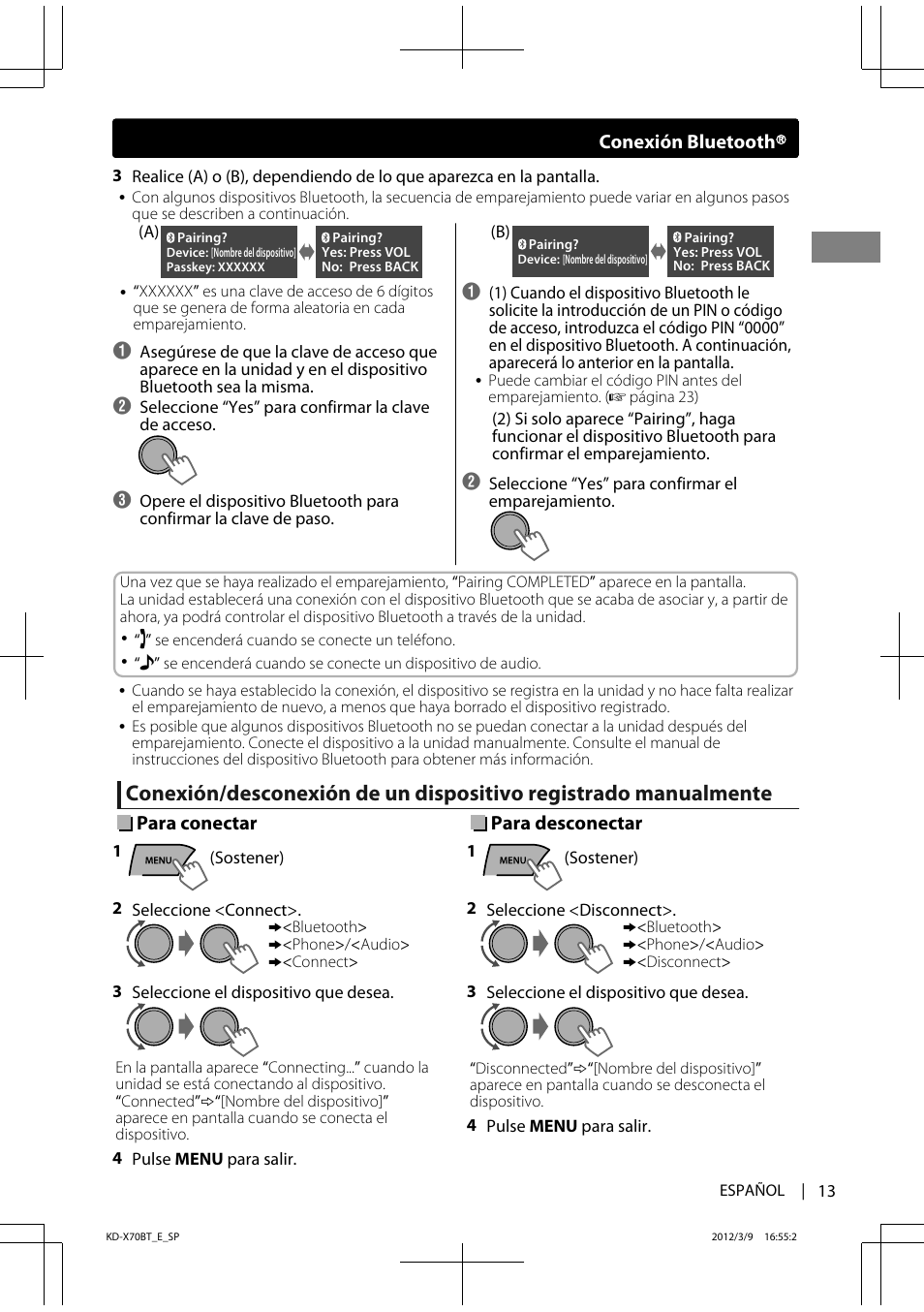 Para conectar, Para desconectar, Conexión bluetooth | JVC KD-X70 User Manual | Page 41 / 113