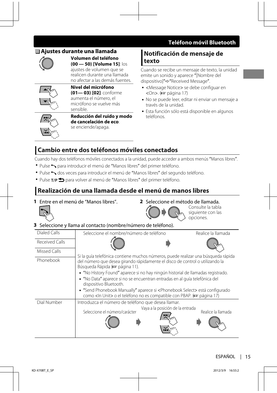 Notificación de mensaje de texto, Cambio entre dos teléfonos móviles conectados, Ajustes durante una llamada | Teléfono móvil bluetooth | JVC KD-X70 User Manual | Page 43 / 113