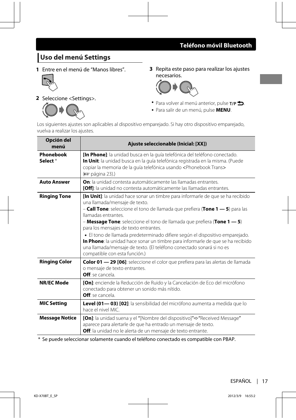 Uso del menú settings | JVC KD-X70 User Manual | Page 45 / 113