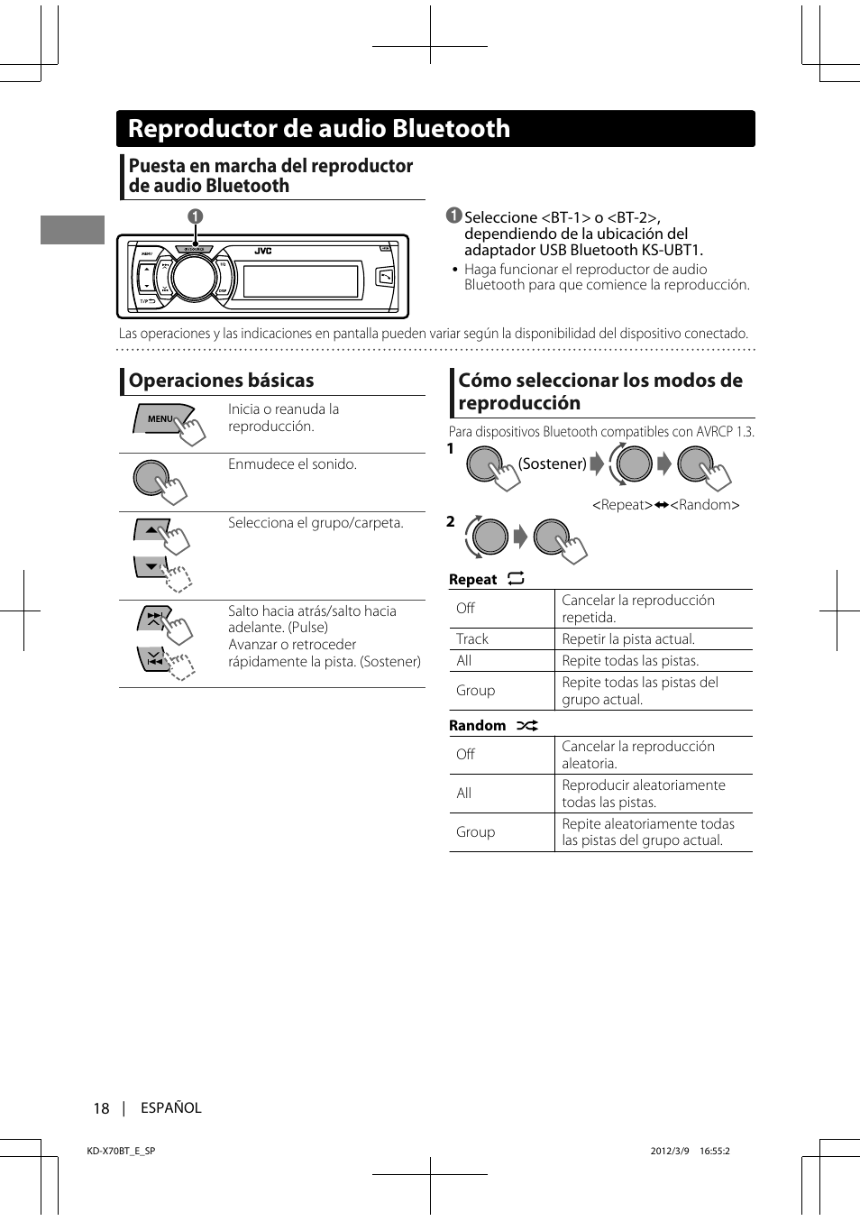 Reproductor de audio bluetooth, Operaciones básicas, Cómo seleccionar los modos de reproducción | JVC KD-X70 User Manual | Page 46 / 113