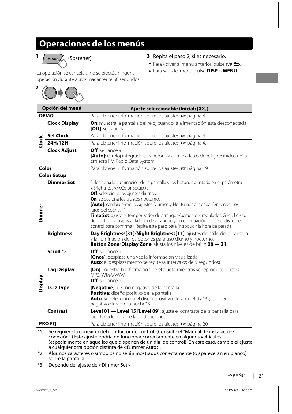 Operaciones de los menús | JVC KD-X70 User Manual | Page 49 / 113