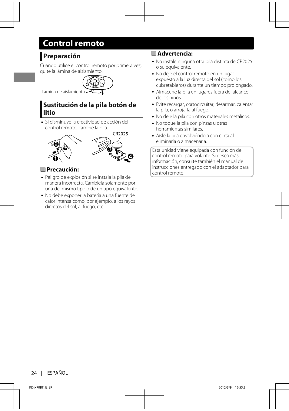 Preparación, Sustitución de la pila botón de litio, Precaución | Advertencia, Control remoto | JVC KD-X70 User Manual | Page 52 / 113