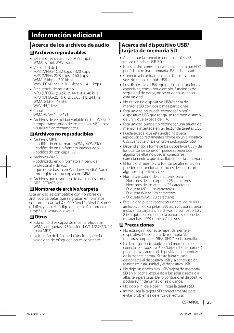 Acerca de los archivos de audio, Archivos reproducibles, Archivos no reproducibles | Nombres de archivo/carpeta, Otros, Precauciones, Información adicional | JVC KD-X70 User Manual | Page 53 / 113