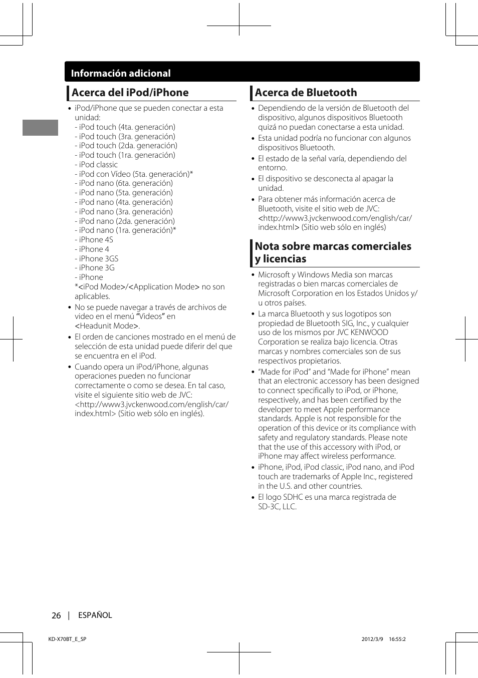 Acerca del ipod/iphone, Acerca de bluetooth, Nota sobre marcas comerciales y licencias | Información adicional | JVC KD-X70 User Manual | Page 54 / 113