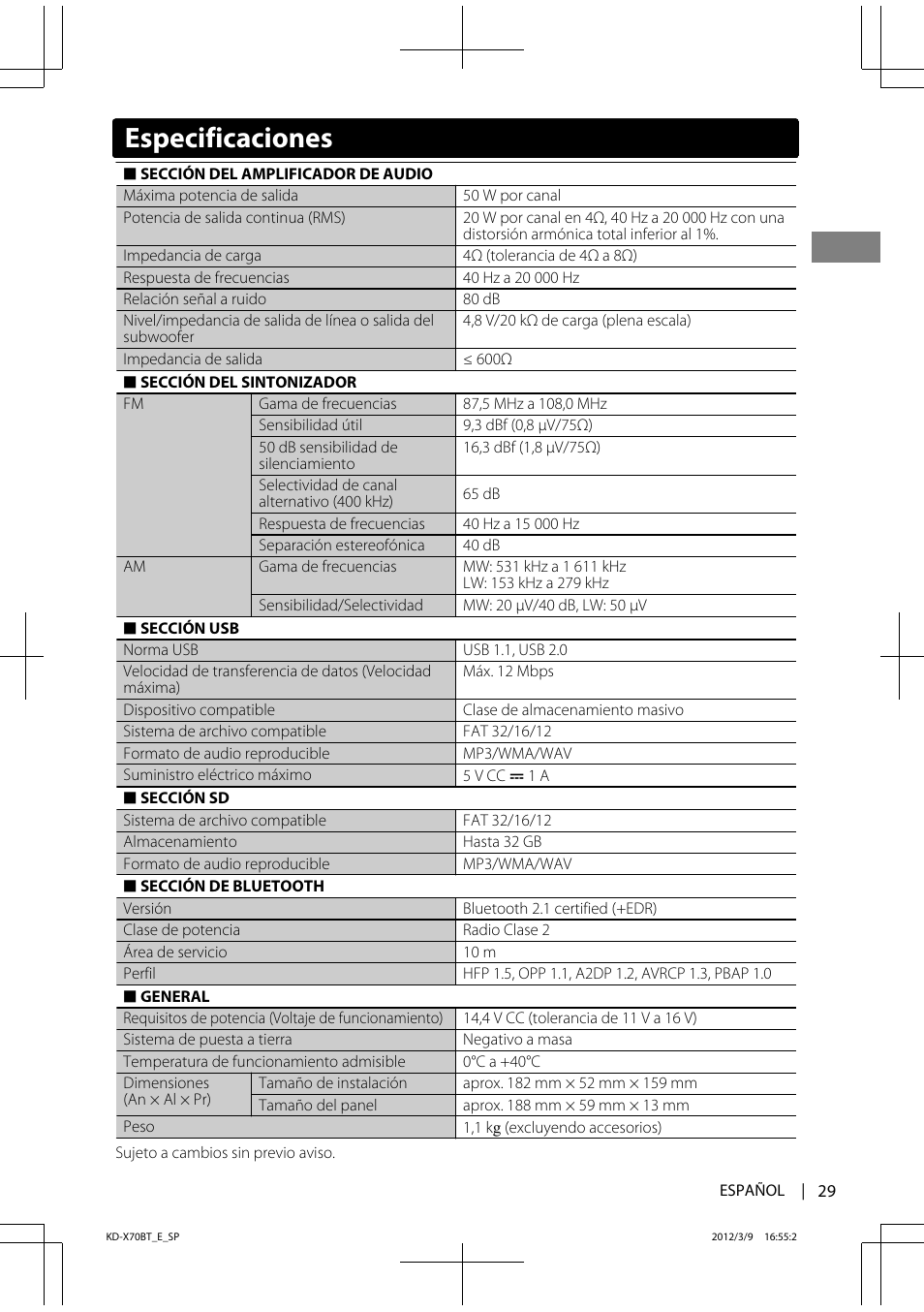 Especificaciones | JVC KD-X70 User Manual | Page 57 / 113