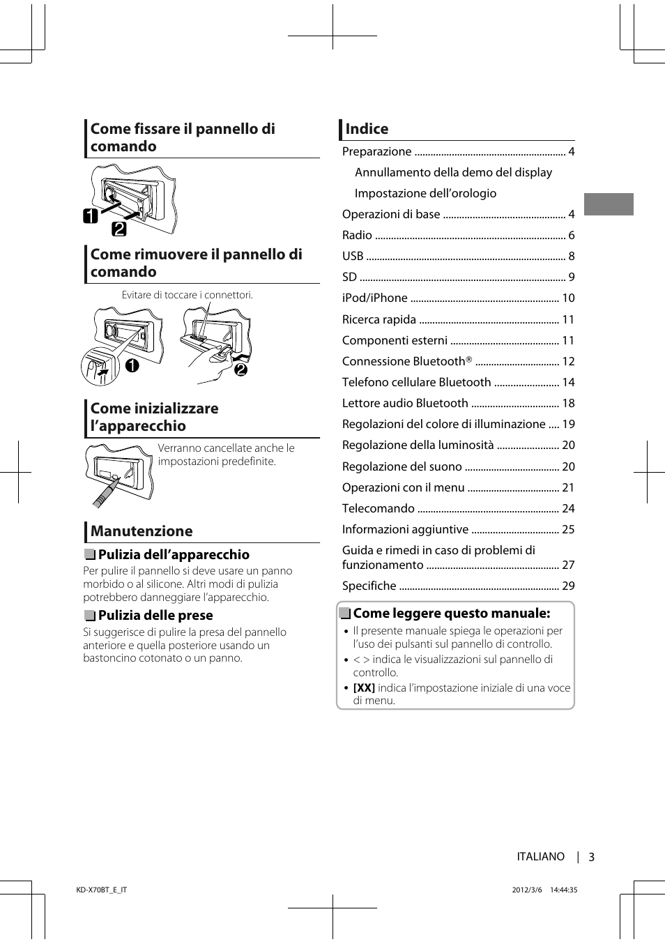 Come inizializzare l’apparecchio, Manutenzione, Indice | JVC KD-X70 User Manual | Page 59 / 113