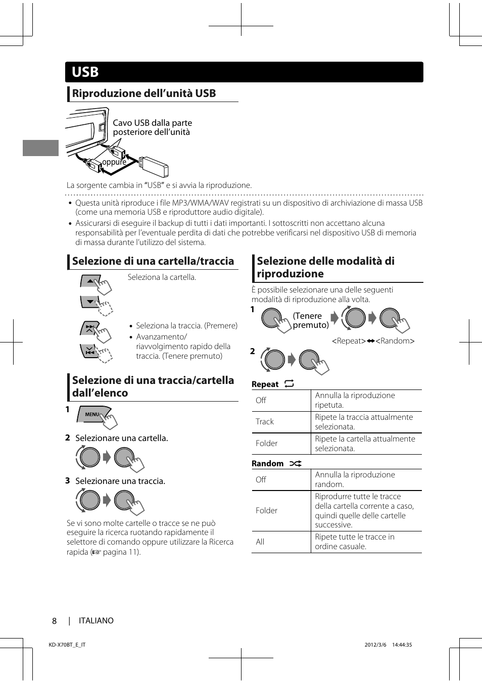 Riproduzione dell’unità usb, Selezione di una cartella/traccia, Selezione di una traccia/cartella dall’elenco | Selezione delle modalità di riproduzione | JVC KD-X70 User Manual | Page 64 / 113