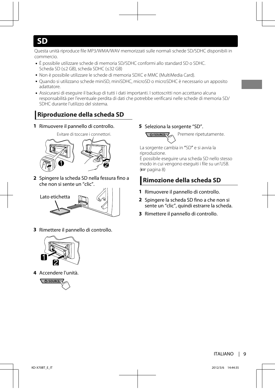 Riproduzione della scheda sd, Rimozione della scheda sd | JVC KD-X70 User Manual | Page 65 / 113