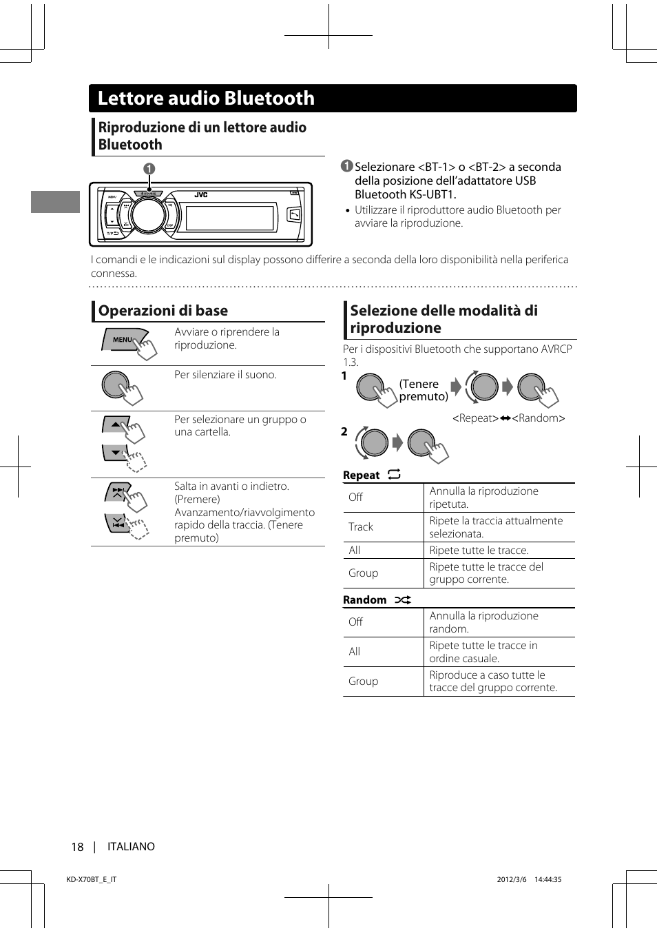 Lettore audio bluetooth, Riproduzione di un lettore audio bluetooth, Operazioni di base | Selezione delle modalità di riproduzione | JVC KD-X70 User Manual | Page 74 / 113